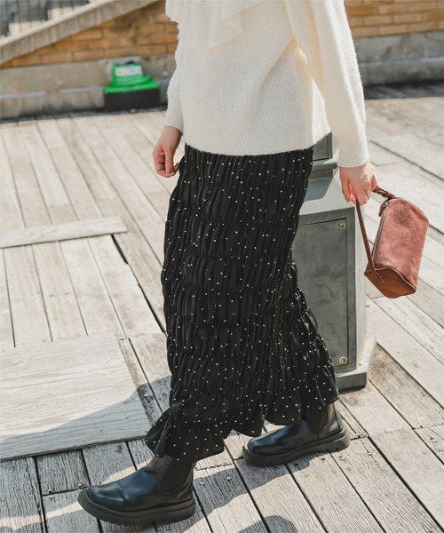 titivate（ティティベイト）の「シャーリングIラインスカート（スカート・レディース・アイボリー/ブラック/ブラック系その他・S/L/M）」の3枚目の写真