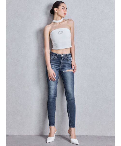 GYDA(ジェイダ)の「ミドルウエストSIDE CUT INNER DAMAGEスキニーデニムパンツ(デニムパンツ・レディース・ライトブルー/ブルー・MEDIUM/X-SMALL/SMALL)」の4枚目の写真