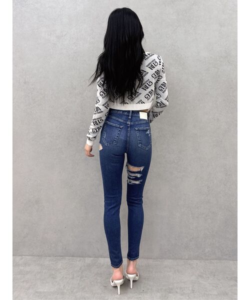 ミドルウエストSIDE CUT INNER DAMAGEスキニーデニムパンツ ミドルウエストSIDE CUT INNER DAMAGEスキニーデニムパンツ