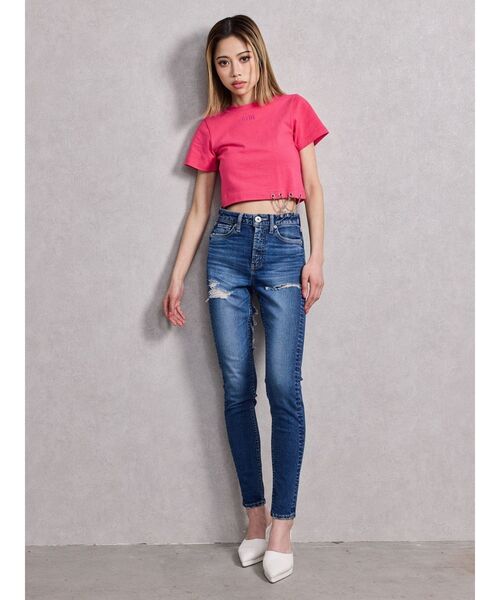 ミドルウエストSIDE CUT INNER DAMAGEスキニーデニムパンツ ミドルウエストSIDE CUT INNER DAMAGEスキニーデニムパンツ