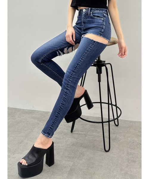 ミドルウエストSIDE CUT INNER DAMAGEスキニーデニムパンツ ミドルウエストSIDE CUT INNER DAMAGEスキニーデニムパンツ