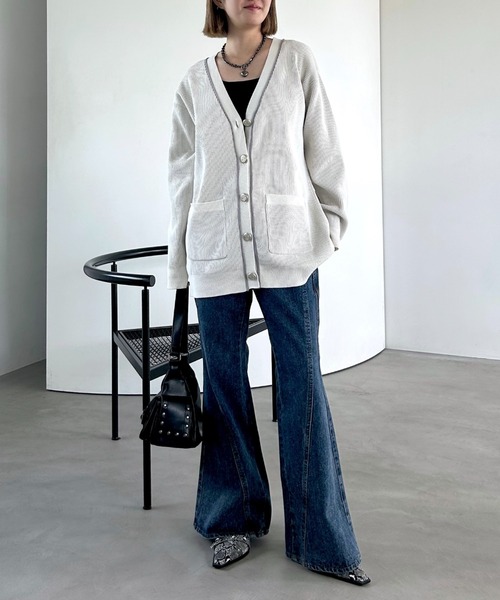 PAGEBOY（ページボーイ）の「ライトモールストライプリブVカーディガン（カーディガン/ボレロ・レディース・オフホワイト/ブラック/ブラウン/レッド系その他・FREE）」の5枚目の写真