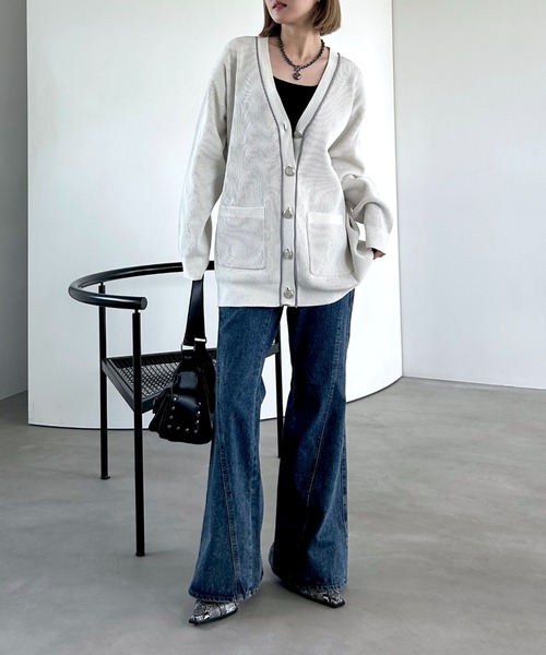 PAGEBOY（ページボーイ）の「ライトモールストライプリブVカーディガン（カーディガン/ボレロ・レディース・オフホワイト/ブラック/ブラウン/レッド系その他・FREE）」の6枚目の写真