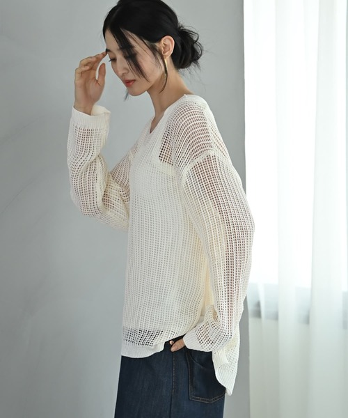 STYLE DELI(スタイルデリ)の「【BLK001】エアリーシルエットのメッシュニット(ニット/セーター・レディース・アイボリー/ベージュ・FREE)」の7枚目の写真