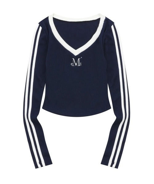 MUCENT（ムセント）の「◇MUCENT◇ブランド直輸入正規品/バインディング トラック ライン Vネック T BINDING TRACK LINE V-NECK T（Tシャツ/カットソー・レディース・ネイビー/ブラック・FREE）」の6枚目の写真
