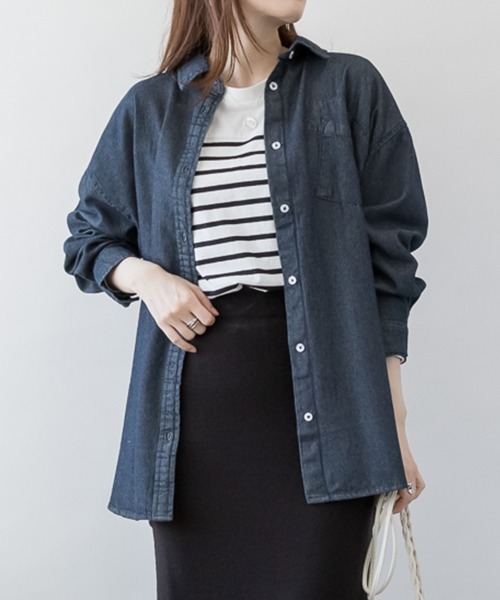 RCD(アールシーディー)の「オーバーサイズロングスリーブデニムシャツ(シャツ/ブラウス・レディース・ネイビー/ワンウォッシュ・LL~3L/M-L/4L~5L)」の7枚目の写真