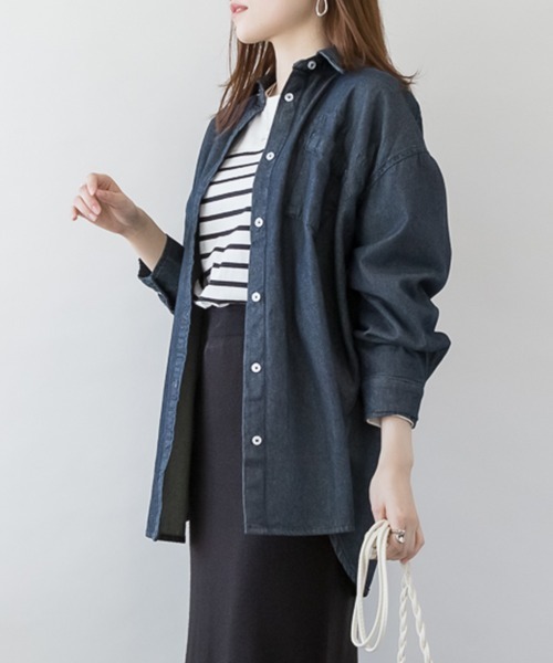 RCD(アールシーディー)の「オーバーサイズロングスリーブデニムシャツ(シャツ/ブラウス・レディース・ネイビー/ワンウォッシュ・LL~3L/M-L/4L~5L)」の8枚目の写真