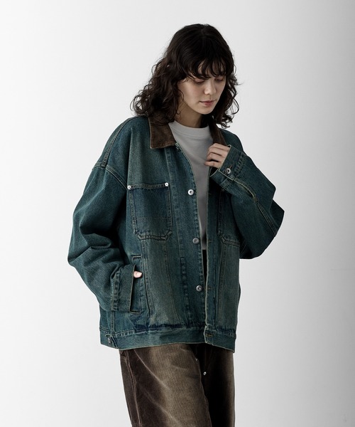 RUUBON】corduroy collar denim coverall / コーデュロイカラー