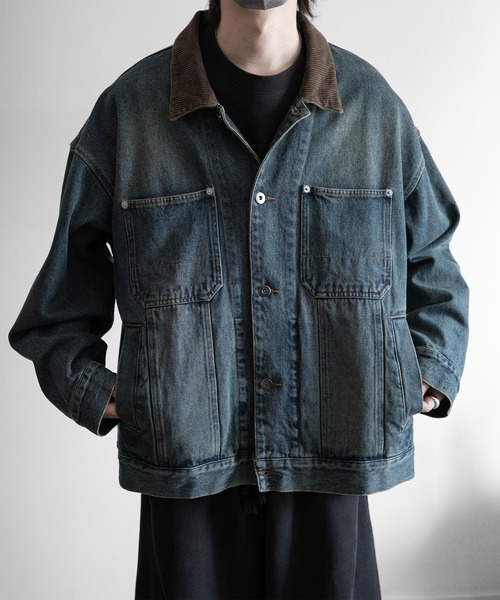 RUUBON】corduroy collar denim coverall / コーデュロイカラー