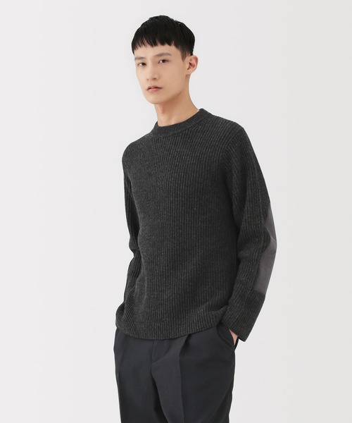 MUJI Labo〕紳士 メリノウール畦編みエルボーパッチ付きクルーネック