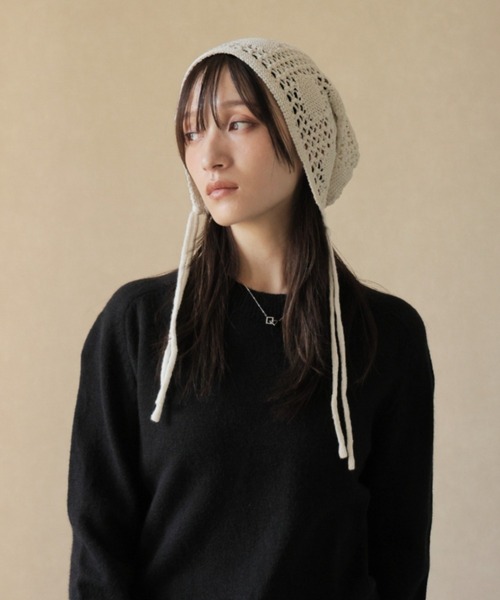 セール】レースクロシェ編みニットキャップ/バブーシュカ（ニット