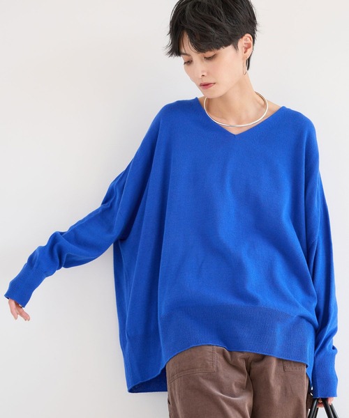 BARNYARDSTORM（バンヤードストーム）の「BARNYARDSTORM / ホールガーメントＶワイドニット / ハンドウォッシャブル【MADE IN JAPAN】（ニット/セーター・レディース・ブルー/ベージュ/ネイビー・FREE）」の3枚目の写真