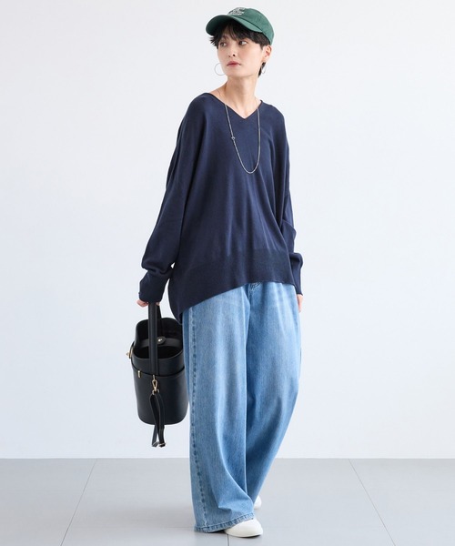 BARNYARDSTORM（バンヤードストーム）の「BARNYARDSTORM / ホールガーメントＶワイドニット / ハンドウォッシャブル【MADE IN JAPAN】（ニット/セーター・レディース・ブルー/ベージュ/ネイビー・FREE）」の14枚目の写真