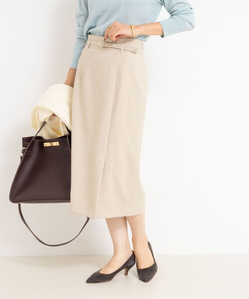 NOLLEY’S Sophi(ノーリーズソフィ)の「ウォッシャブルベルト付きラップ風タイトスカート(スカート・レディース・ライトグレー/ベージュ/サックスブルー・40/38/36/34)」の1枚目の写真