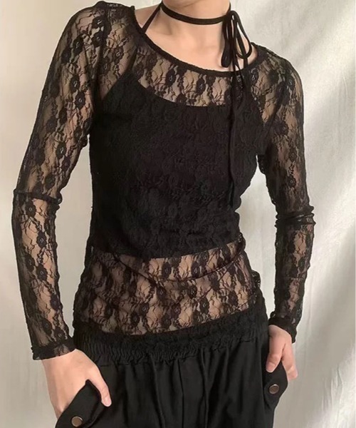 kirakiraShop(キラキラショップ)の「フラワー レース シアー トップス(Tシャツ/カットソー・レディース・ブラック/ホワイト・FREE)」の5枚目の写真