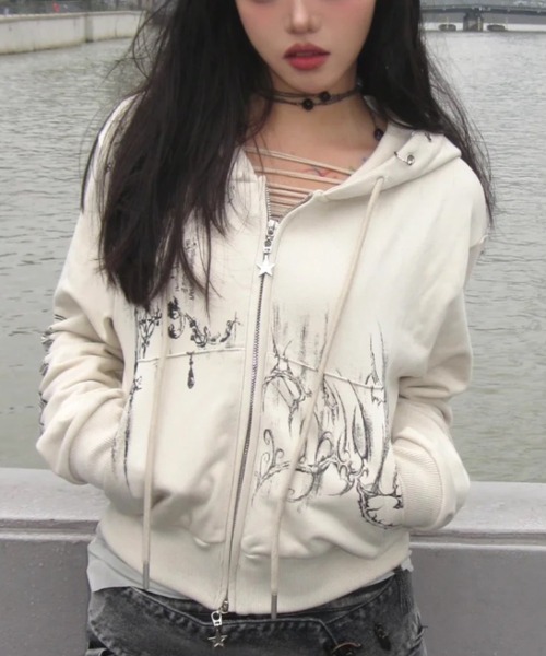 セール】韓国風プリントジップパーカー／秋冬Y2Kストリートカジュアル