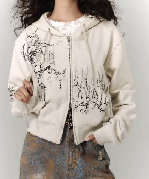 セール】韓国風プリントジップパーカー／秋冬Y2Kストリートカジュアル