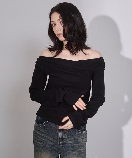 ENVYM（アンビー）の「ギャザーカシュクールトップス（Tシャツ/カットソー・レディース・ネイビー/グレー/ブラック/レッド・FREE）」の6枚目の写真