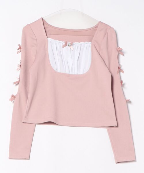Suyunn(スユン)の「リボン&ビジュー付き袖開き配色カットソープルオーバー(Tシャツ/カットソー・レディース・ピンク/ブラック・M)」の10枚目の写真