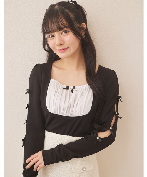 Suyunn(スユン)の「リボン&ビジュー付き袖開き配色カットソープルオーバー(Tシャツ/カットソー・レディース・ピンク/ブラック・M)」の13枚目の写真