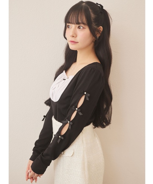Suyunn(スユン)の「リボン&ビジュー付き袖開き配色カットソープルオーバー(Tシャツ/カットソー・レディース・ピンク/ブラック・M)」の15枚目の写真