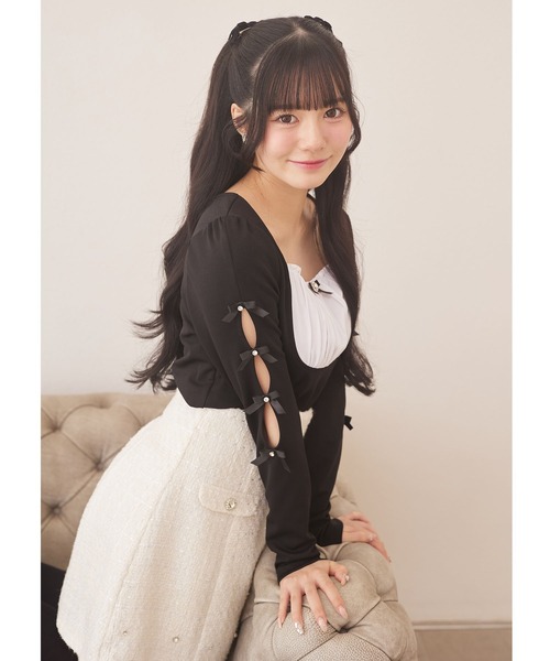 Suyunn(スユン)の「リボン&ビジュー付き袖開き配色カットソープルオーバー(Tシャツ/カットソー・レディース・ピンク/ブラック・M)」の12枚目の写真