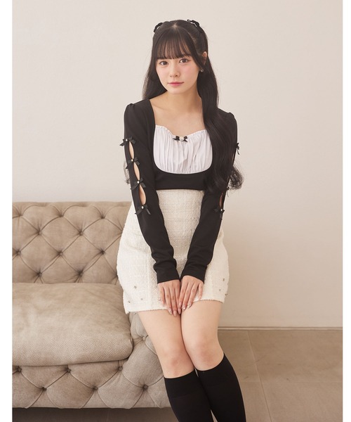 Suyunn(スユン)の「リボン&ビジュー付き袖開き配色カットソープルオーバー(Tシャツ/カットソー・レディース・ピンク/ブラック・M)」の11枚目の写真