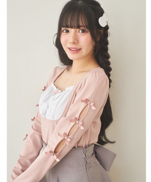 Suyunn(スユン)の「リボン&ビジュー付き袖開き配色カットソープルオーバー(Tシャツ/カットソー・レディース・ピンク/ブラック・M)」の6枚目の写真