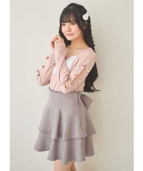Suyunn(スユン)の「リボン&ビジュー付き袖開き配色カットソープルオーバー(Tシャツ/カットソー・レディース・ピンク/ブラック・M)」の4枚目の写真