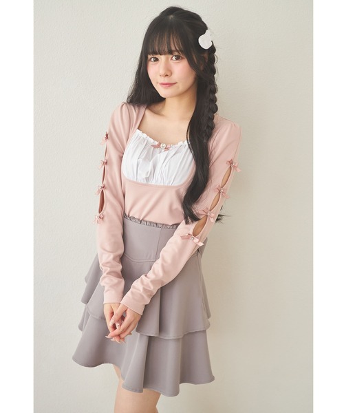 Suyunn(スユン)の「リボン&ビジュー付き袖開き配色カットソープルオーバー(Tシャツ/カットソー・レディース・ピンク/ブラック・M)」の19枚目の写真