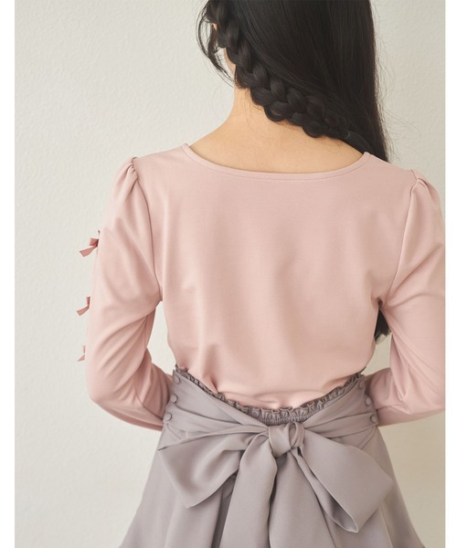 Suyunn(スユン)の「リボン&ビジュー付き袖開き配色カットソープルオーバー(Tシャツ/カットソー・レディース・ピンク/ブラック・M)」の8枚目の写真