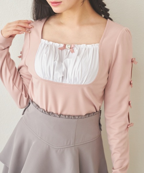 Suyunn(スユン)の「リボン&ビジュー付き袖開き配色カットソープルオーバー(Tシャツ/カットソー・レディース・ピンク/ブラック・M)」の20枚目の写真