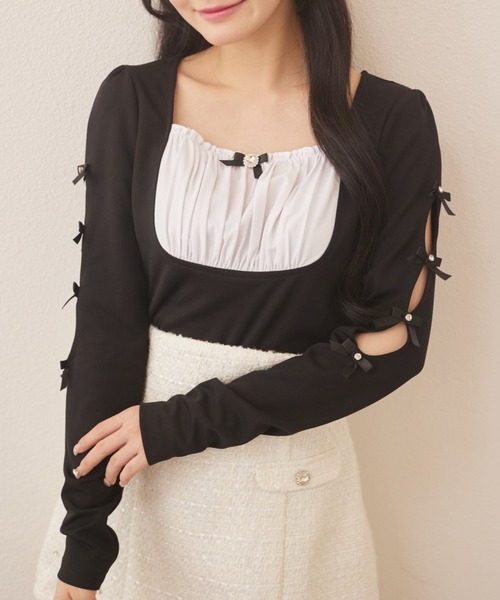 Suyunn(スユン)の「リボン&ビジュー付き袖開き配色カットソープルオーバー(Tシャツ/カットソー・レディース・ピンク/ブラック・M)」の21枚目の写真