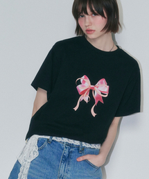 DOUBLE RIBBON BASIC FIT T SHIRT BLACK PINK