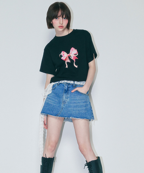 RONRON(ロンロン)の「DOUBLE RIBBON BASIC FIT T SHIRT BLACK PINK(Tシャツ/カットソー・レディース・その他・FREE)」の2枚目の写真