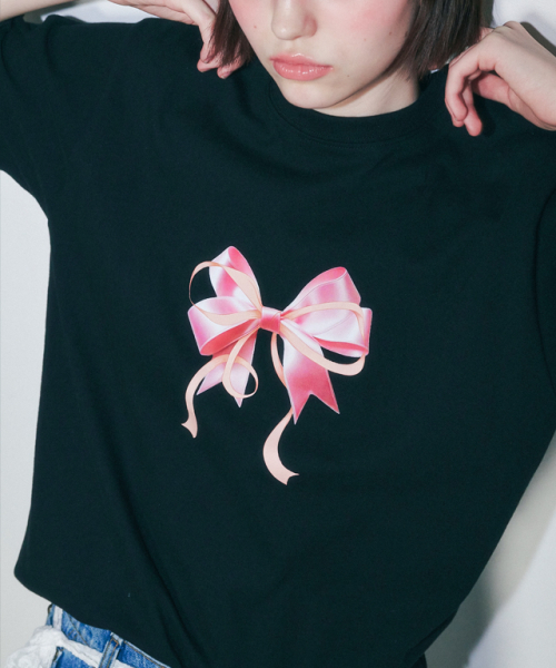 RONRON(ロンロン)の「DOUBLE RIBBON BASIC FIT T SHIRT BLACK PINK(Tシャツ/カットソー・レディース・その他・FREE)」の3枚目の写真