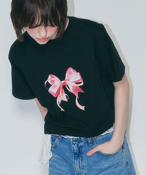 RONRON(ロンロン)の「DOUBLE RIBBON BASIC FIT T SHIRT BLACK PINK(Tシャツ/カットソー・レディース・その他・FREE)」の4枚目の写真