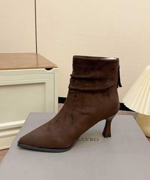 LOWO（ロワ）の「ショートブーツ ヒール レディース ブラウン ブーティ フェイクレザー 合成皮革 歩きやすい ポインテッドトゥ ジップアップ（ブーツ）」