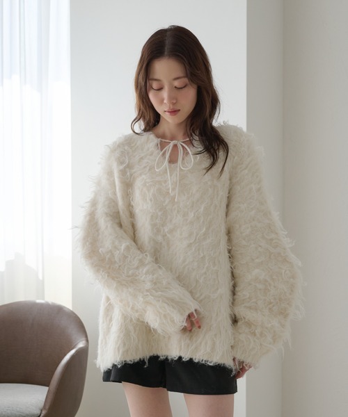 raffime　前後２WAYフロントリボンシャギーニット 前後2WAYフロントリボンシャギーニット（ニット/セーター）｜raffime