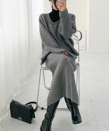 ワンポイントボタンニットカーディガンセットアップ