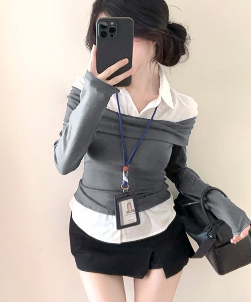 REMUR(レミュール)の「オフショルトップスレイヤード風シャツ(Tシャツ/カットソー・レディース・ネイビー/グレー・FREE)」の12枚目の写真
