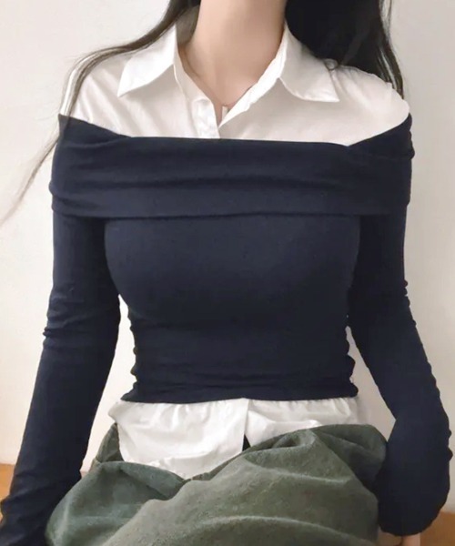 REMUR(レミュール)の「オフショルトップスレイヤード風シャツ(Tシャツ/カットソー・レディース・ネイビー/グレー・FREE)」の14枚目の写真