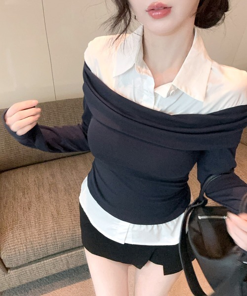 REMUR(レミュール)の「オフショルトップスレイヤード風シャツ(Tシャツ/カットソー・レディース・ネイビー/グレー・FREE)」の19枚目の写真