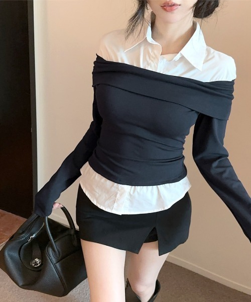REMUR(レミュール)の「オフショルトップスレイヤード風シャツ(Tシャツ/カットソー・レディース・ネイビー/グレー・FREE)」の22枚目の写真