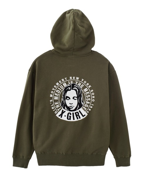 X-girl(エックスガール)の「CIRCLE MESSAGE AND FACE ZIP UP SWEAT HOODIE(パーカー・レディース・アッシュ/ブラック/オリーブ・S/M)」の9枚目の写真