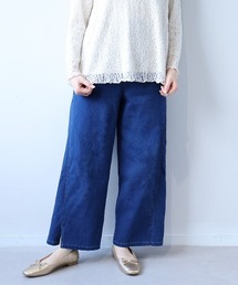 【L~5L 大きいサイズ】スリットヘム切替えワイドデニムパンツ