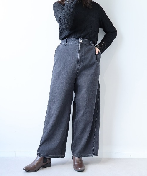 leswel(レスウェル)の「【L~5L 大きいサイズ】スリットヘム切替えワイドデニムパンツ(デニムパンツ・レディース・ブルー/グレー・5L/4L/3L/LL/L)」の7枚目の写真