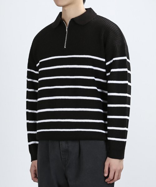 HALF STRIPE COLLAR KNIT (BLACK) — вязаная рубашка с половинной полосой, чёрная