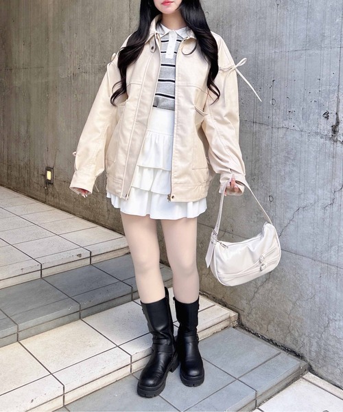 INGNI（イング）の「マルチWayリボンフェイクレザービッグブルゾン（ブルゾン・レディース・ブラウン/ブラック/アイボリー・M）」の9枚目の写真