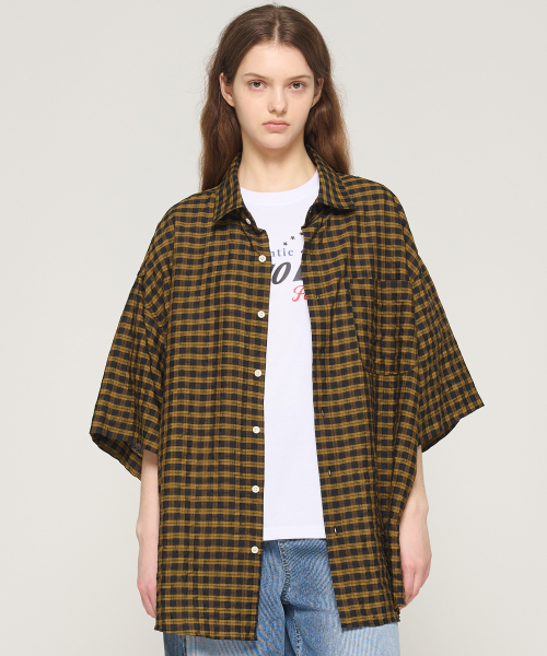 CARGOBROS FOR WOMAN(カーゴブロスフォーウィメン)の「アメリカンチェックオーバーサイズ半袖シャツ(イエロー)(シャツ/ブラウス・レディース・その他・FREE)」の3枚目の写真